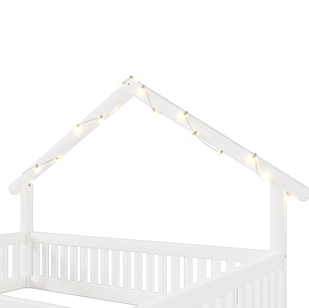 Letto casa in legno bianco 140x200 cm con protezione anticaduta e luci LED