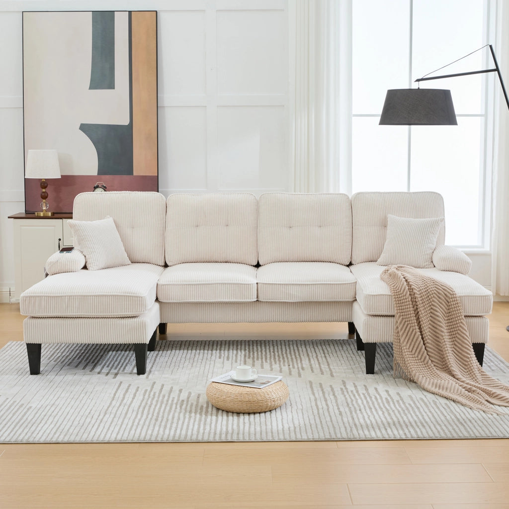 Divano angolare a U 4 posti in lino beige con chaise-longue e schienale moderno