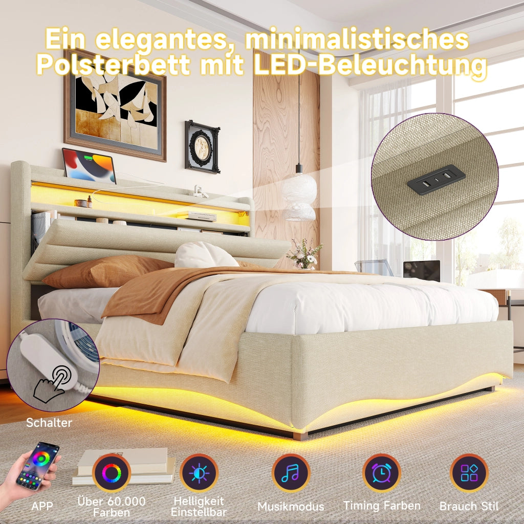 Letto contenitore 140 × 200 cm con LED; porte USB e Type-C; rivestito in lino beige con vano idraulico