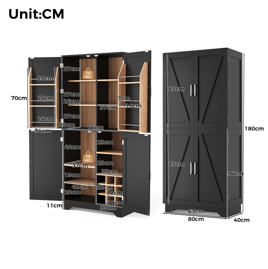 Armadio da cucina 80x40x180 cm con 4 ante; portabottiglie e ripiani in MDF nero naturale