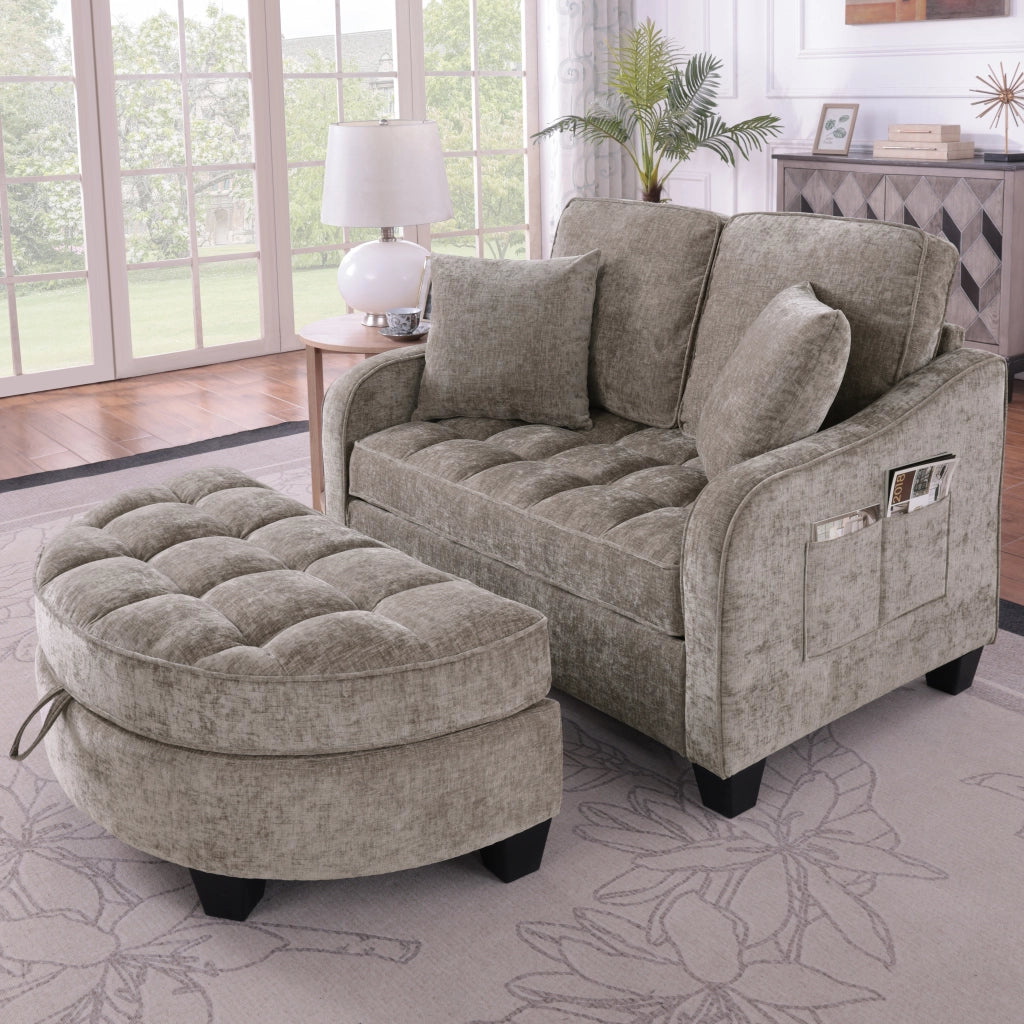 Divano letto 2 in 1 con pouf contenitore in legno di eucalipto marrone