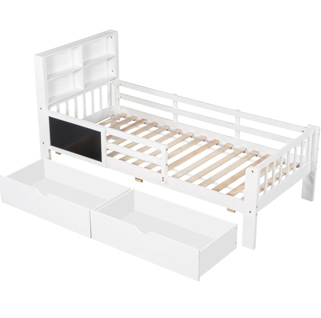 Letto bambini multifunzione in legno bianco 90x200 cm con cassetti e lavagna, senza materasso