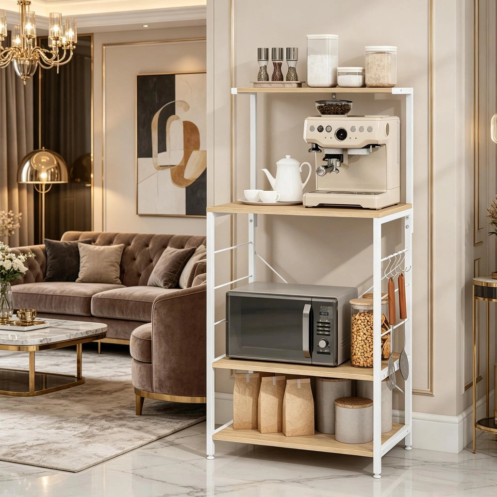 Scaffale da cucina 60x40x123 cm con 4 ripiani e ganci; legno e acciaio bianco e rovere chiaro