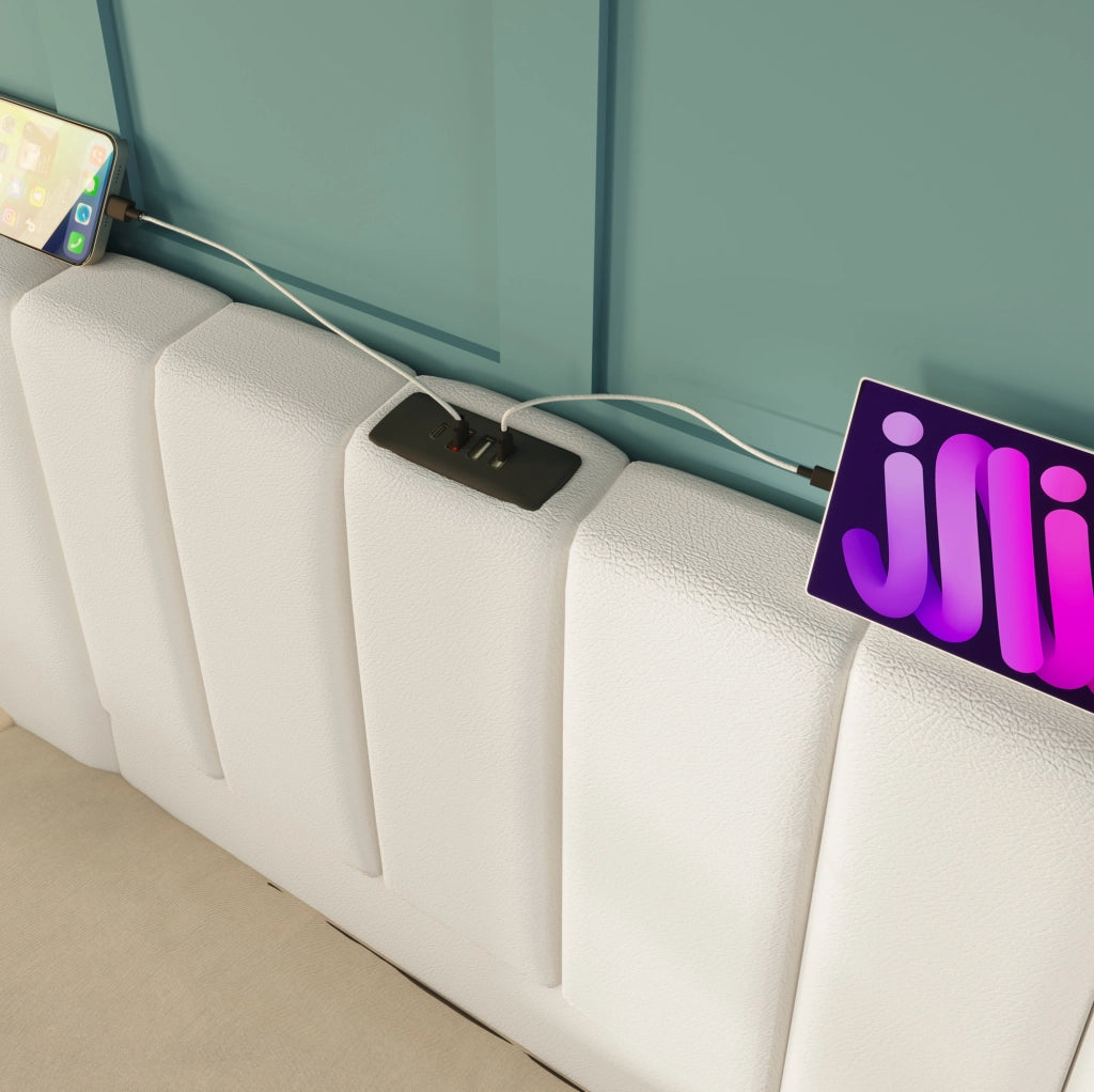 Letto 180x200 cm con contenitore, LED, USB e USB-C in PU bianco con materasso