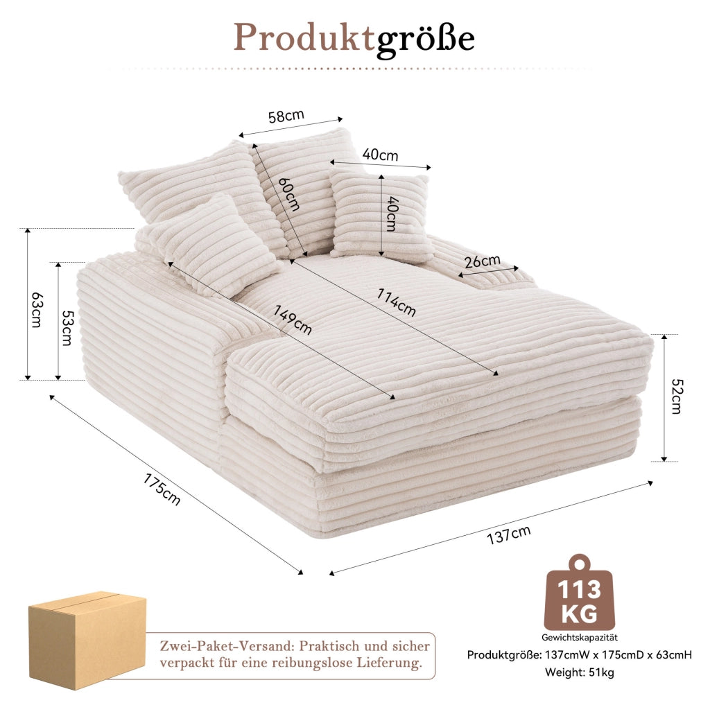 Chaise longue in velluto a coste beige con 4 cuscini