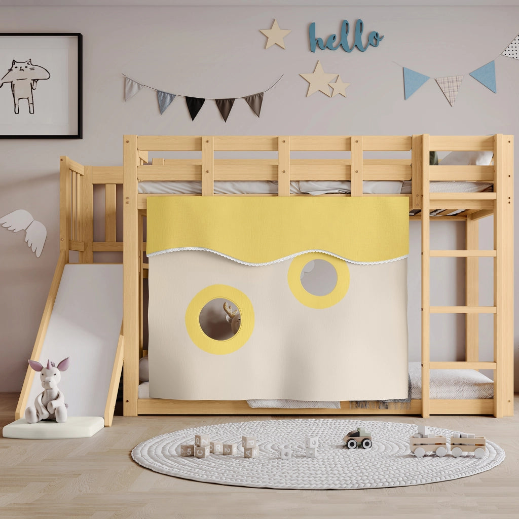 Letto a Castello 90x200 cm; 2 Posti; Scala; Sponde; Rampa e Tende; in Legno Naturale