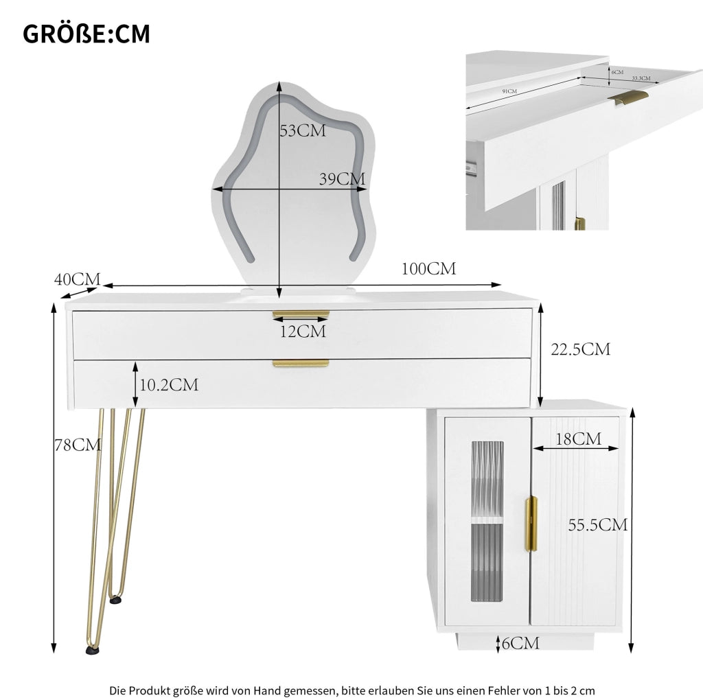 Toeletta con specchio LED 100x40 cm; 2 cassetti e modulo laterale scorrevole bianca HOMVRA