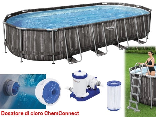 PISCINA OVALE FUORI TERRA STEEL SIMIL LEGNO BESTWAY 732x366xH122 -5611T + POMPA, DOSATORE, SCALETTA E TELO