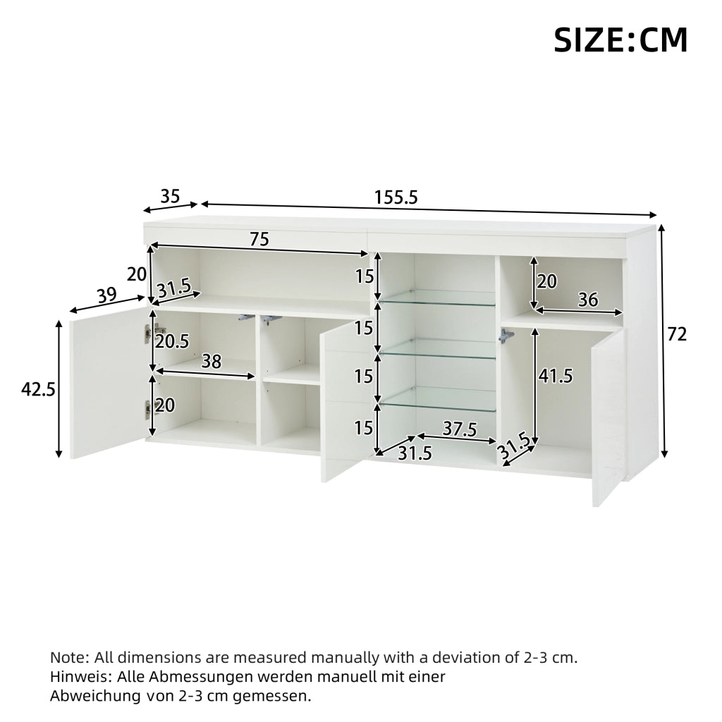 Madia con 3 ante vano aperto ripiani regolabili LED via app frontale lucido bianca 155;5 × 35 × 72 cm