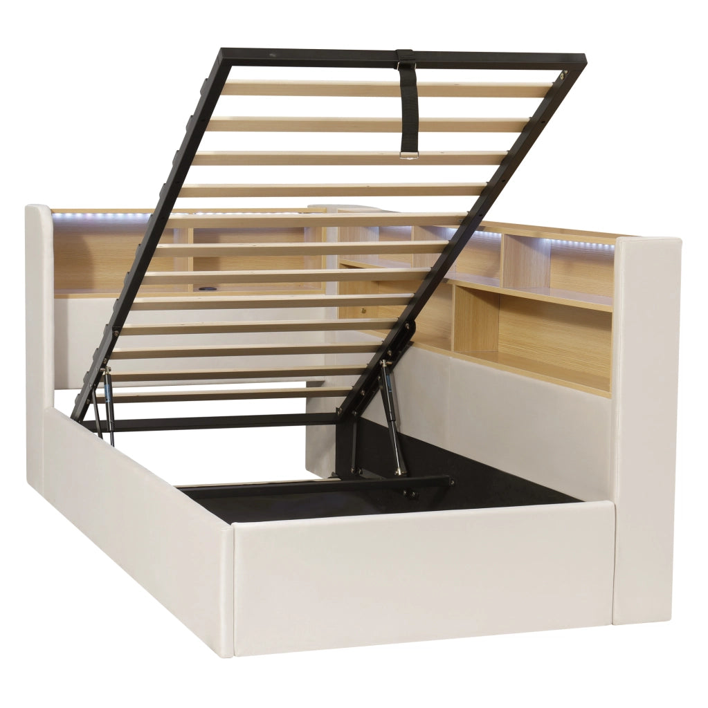 Letto giorno 90x200 cm in velluto beige con contenitore idraulico, LED, USB e schienale integrato
