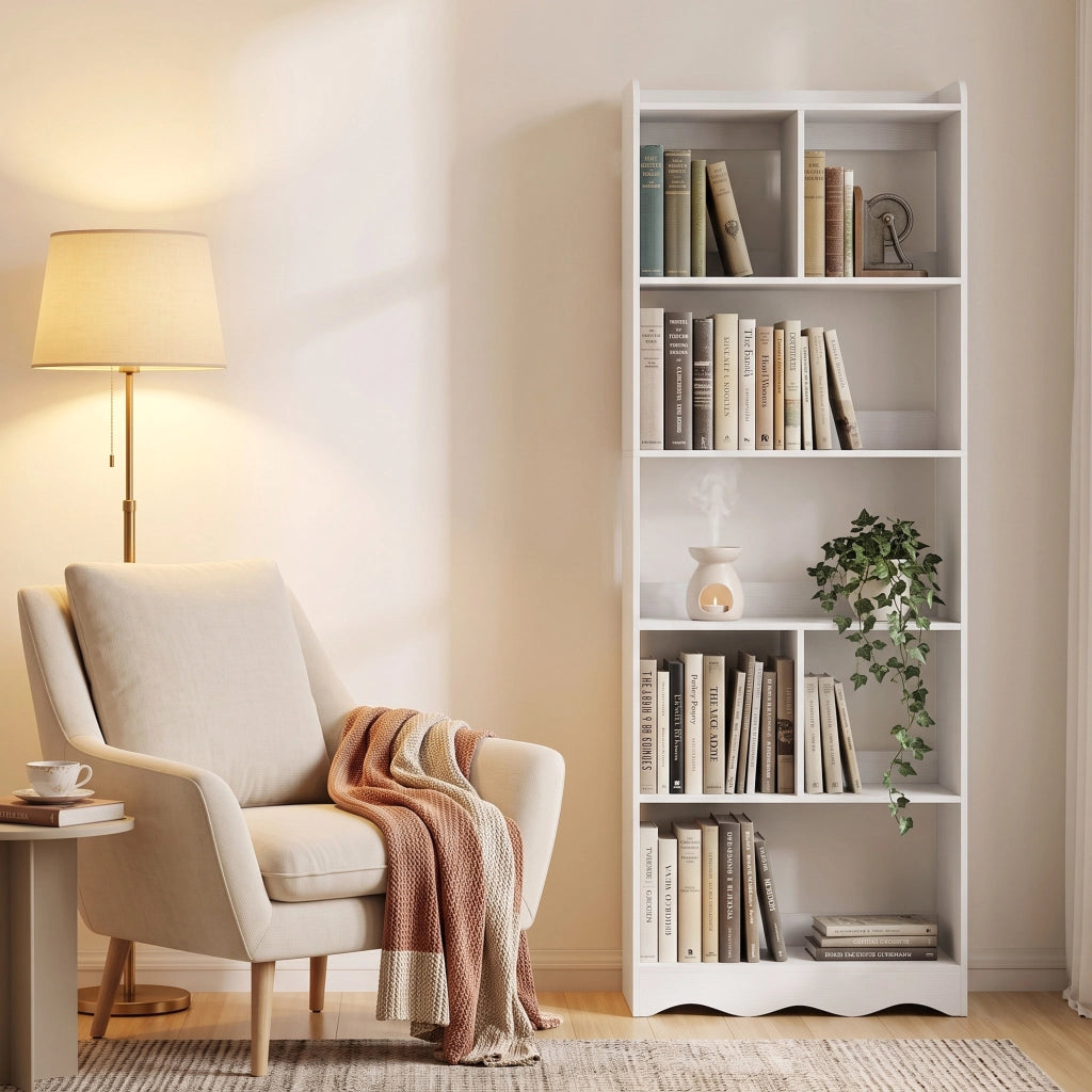 Libreria bianca a 6 ripiani aperti in pannello truciolare melaminico; verticale salvaspazio per soggiorno e studio