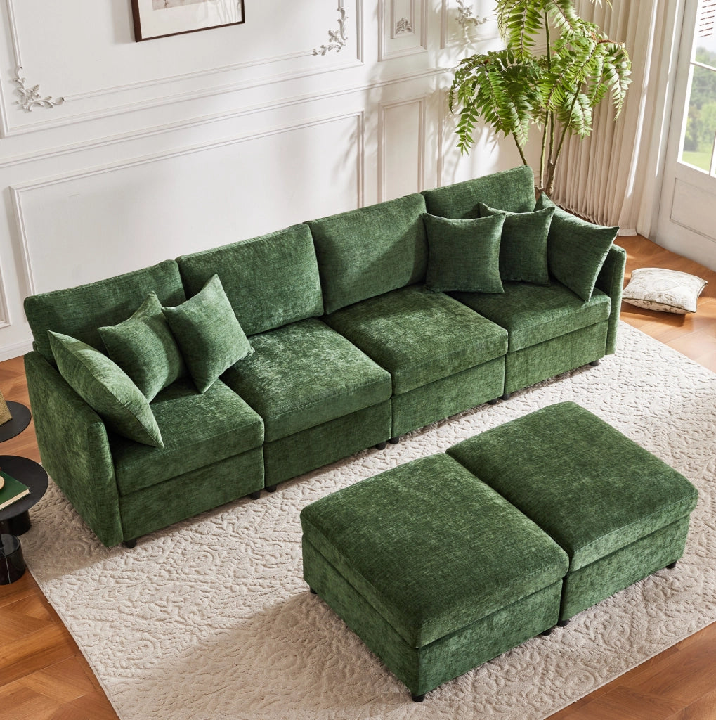 Divano modulare in tessuto Chenille con 2 pouf e 6 cuscini, trasformabile in forme a U e L, 278x161x81 cm, per soggiorno e appartamenti