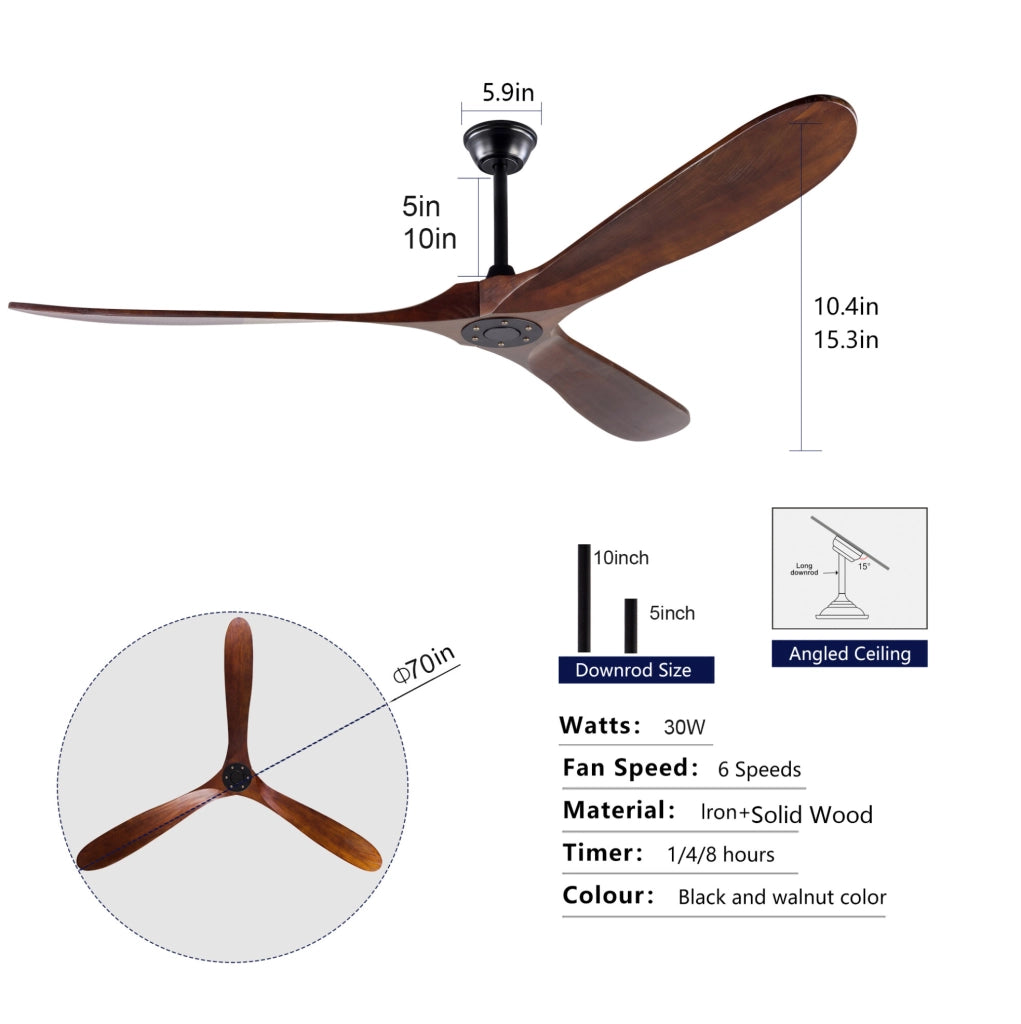 Ventilatore da soffitto senza luce con pale in legno; 6 velocità; nero e noce scuro