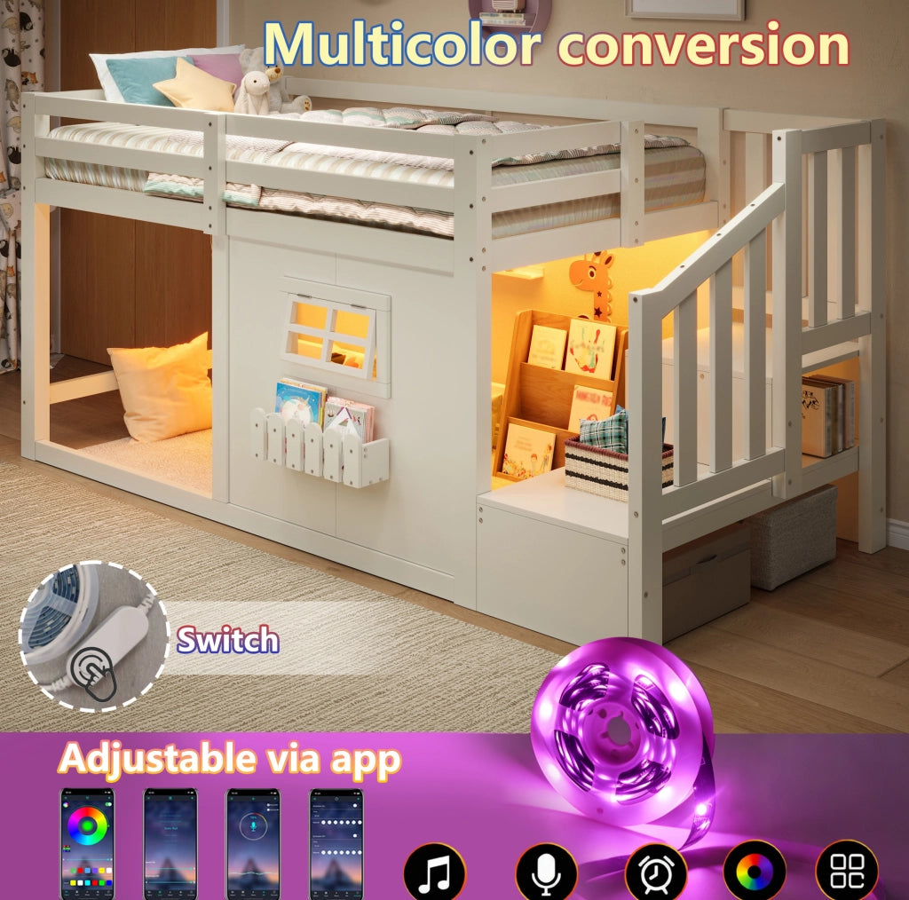 Letto a soppalco ULEVR 90x200 cm con scala contenitore, finestra e luce LED, pino e MDF bianco