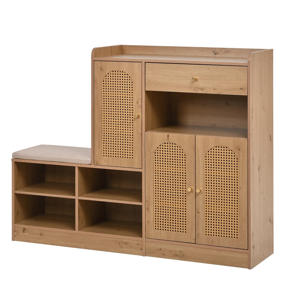 Scarpiera con panca imbottita, 3 ante in rattan intrecciato e 1 cassetto. Mobile contenitore multifunzione con ripiano scarpe per ingresso. Effetto legno, 142x35x110 cm