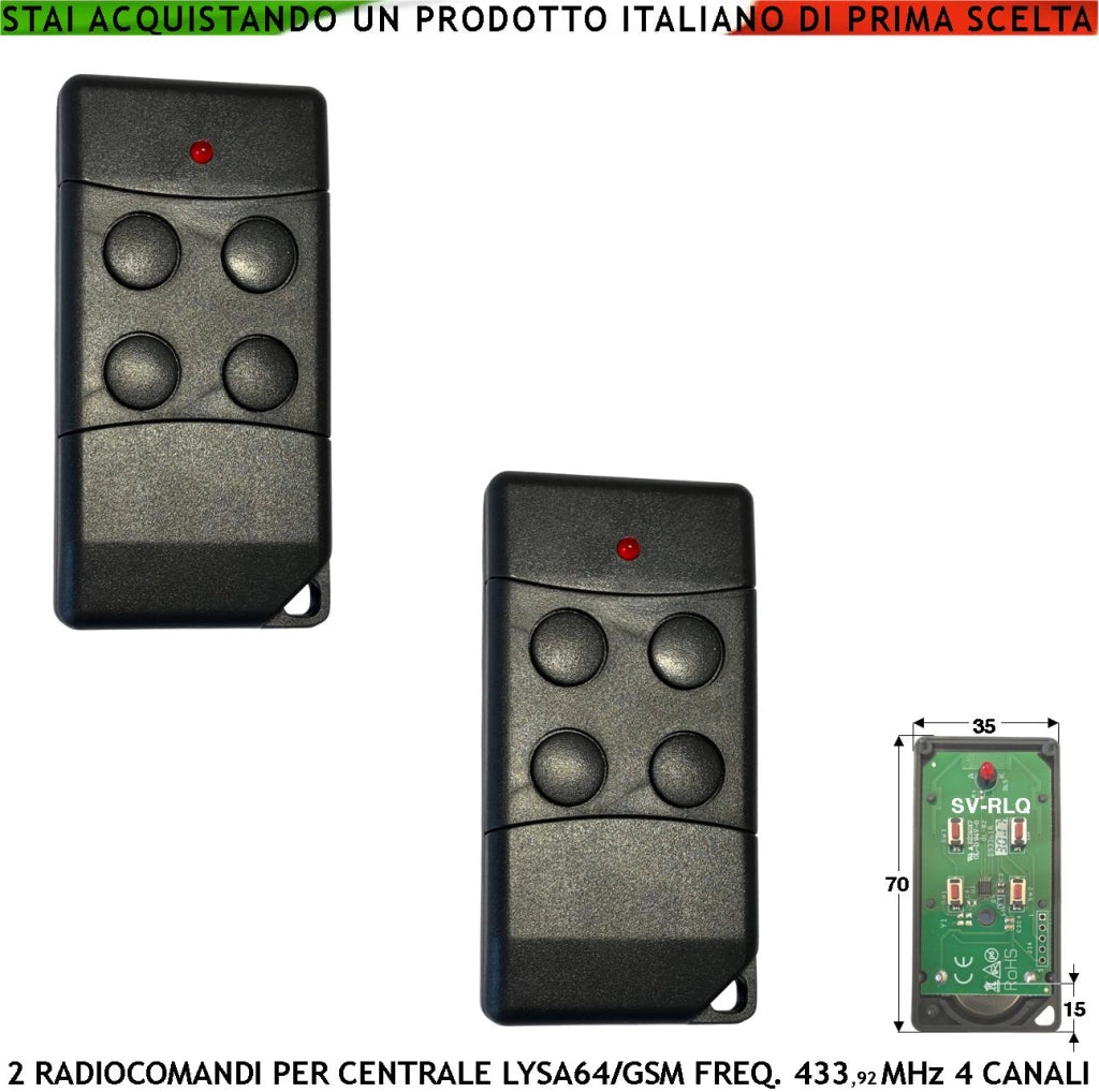 Radiocomando 2 Pezzi Inserimento e Disinserimento Totale e Parziale Tipo Giorno Notte Per Allarme Lysa64 e Lysa GSM Sydra 4 Canali Frequenza 433,92 MHz rolling code Anticollisione Antiannebbiamento