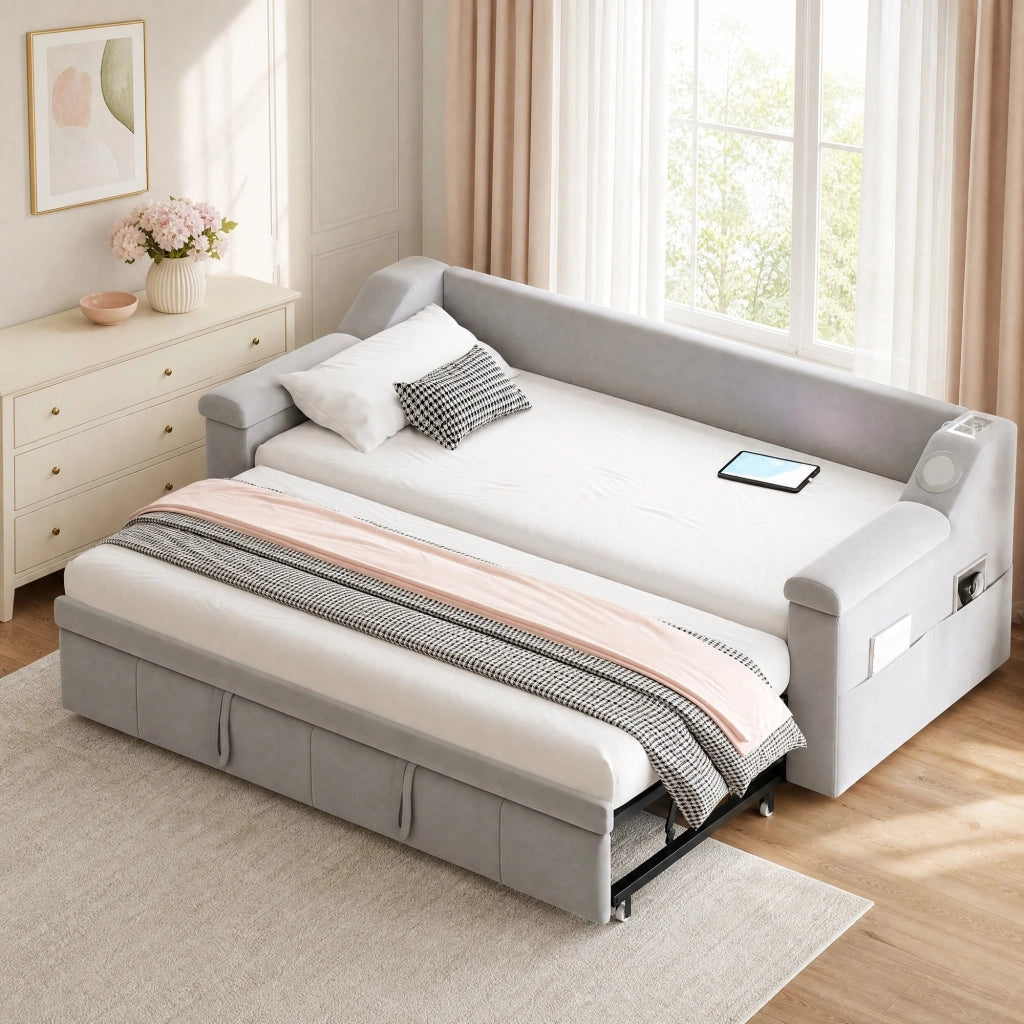 Divano letto 90 × 190 cm con apertura idraulica letto 180 × 190 cm; USB; Bluetooth; vani e rete a doghe