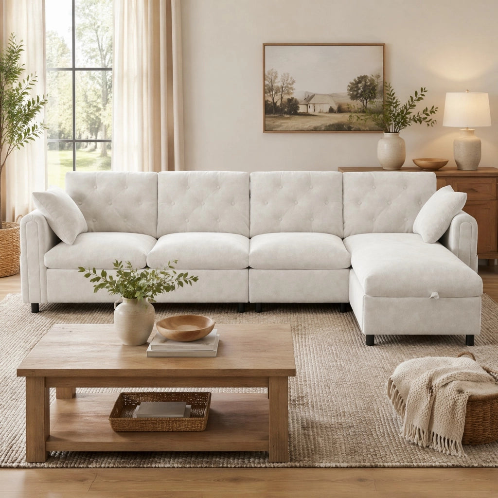 Divano letto modulare angolare con contenitore in poliestere beige configurabile a sinistra o destra 281 × 132 × 86 cm