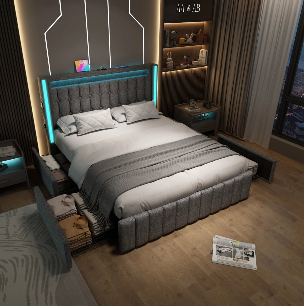Letto imbottito con ricarica USB, LED e 4 cassetti