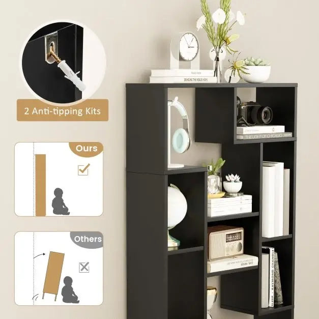 Libreria Moderna da 120cm con 11 Ripiani Aperti e Kit Antiribaltamento, Scaffale Nero per Casa e Ufficio
