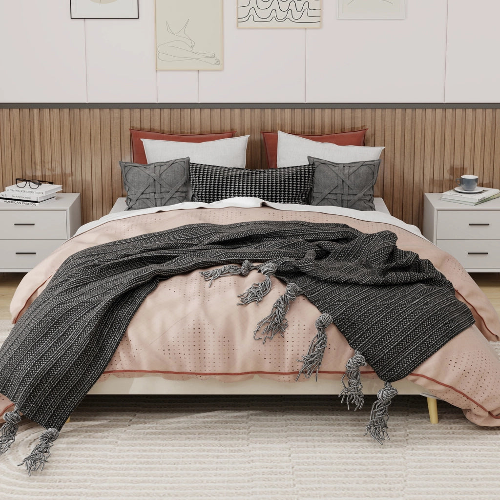 Letto matrimoniale 160 × 200 cm 2 posti con testiera alta e spazio sottostante, senza materasso, velluto beige