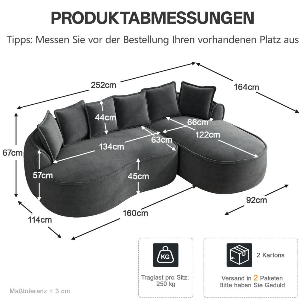 Divano modulare senza telaio ad angolo a L in tessuto chenille grigio con chaise longue extra profonda e cuscini
