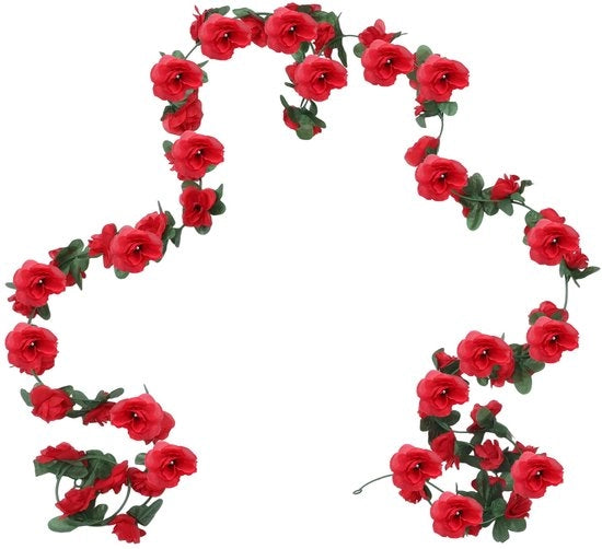 Decorazione con Fiori Artificiali a Slinga - 220 cm - Rosso - Fiori Artificiali con Foglie Verdi - Ideale per Matrimoni e Feste - 4 Stagioni