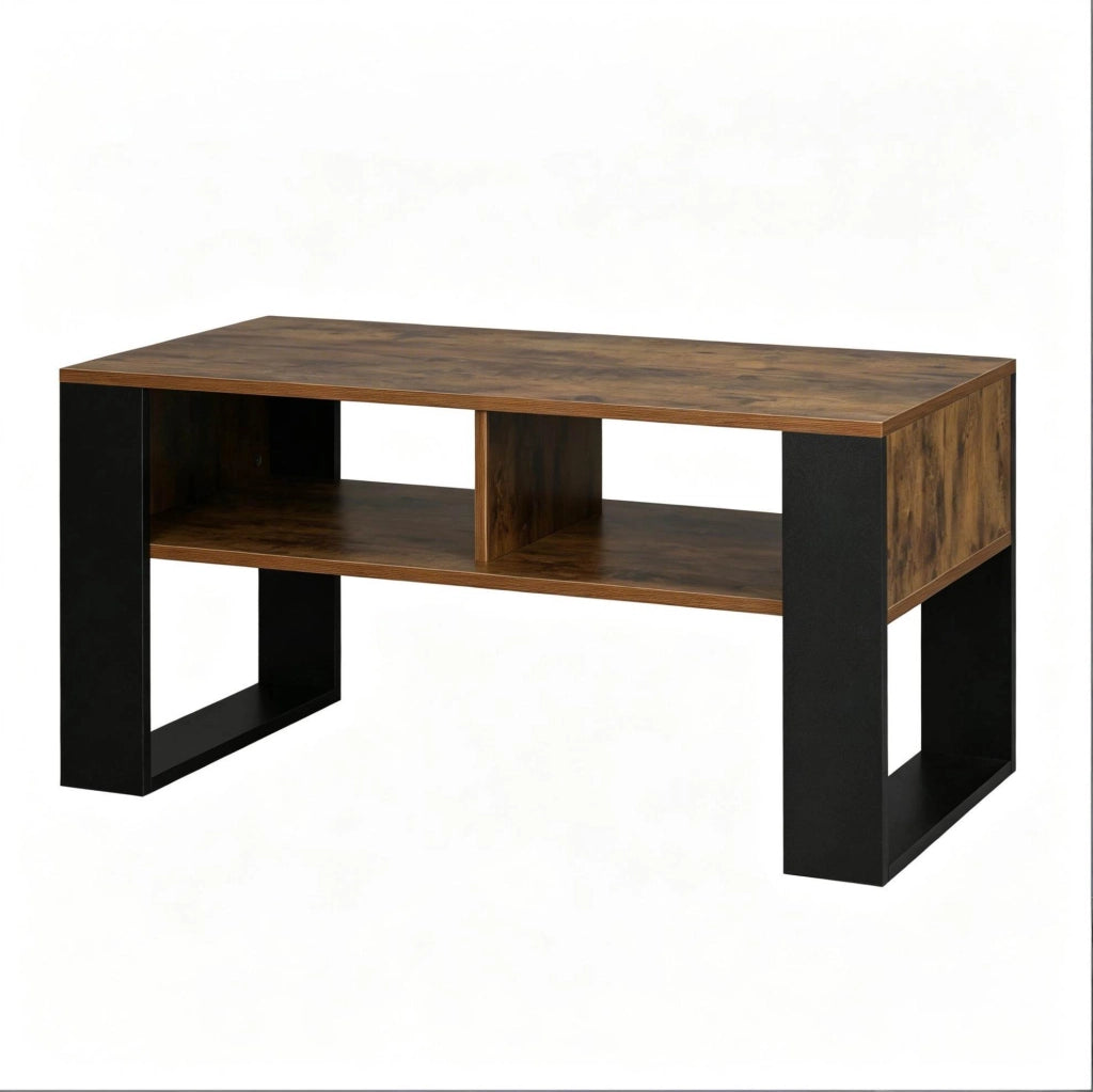 Tavolino da salotto 90x45 cm con 2 vani aperti nero e marrone rustico HOMVRA