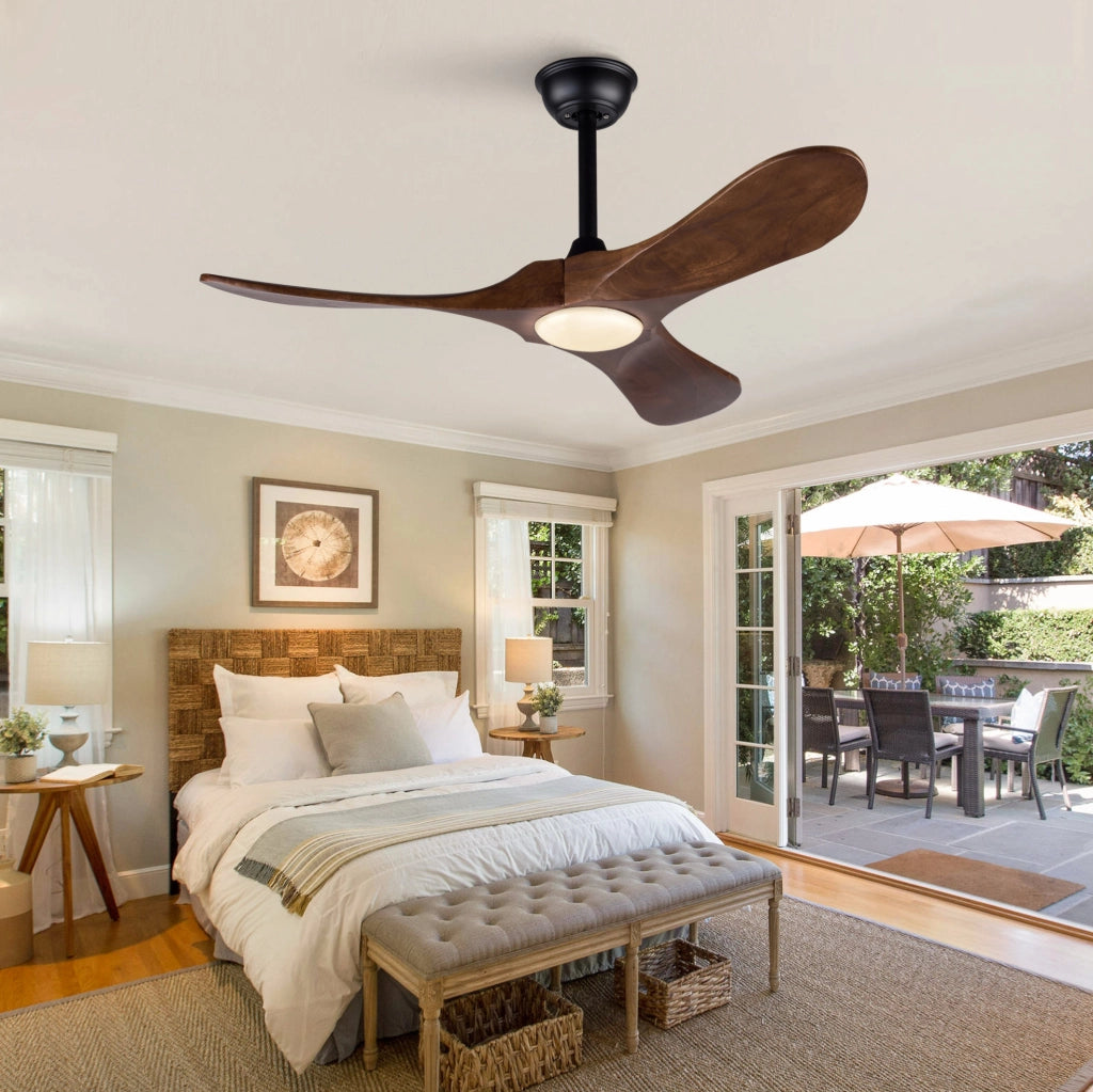Ventilatore da soffitto in legno massello da 42 pollici con illuminazione LED dimmerabile e telecomando, 3 pale, 6 velocità, per soggiorno e camera da letto
