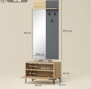 Set Appendiabiti con Specchio, Panca Porta Scarpe e Ripiano Aperto in MDF Naturale e Grigio per Ingresso