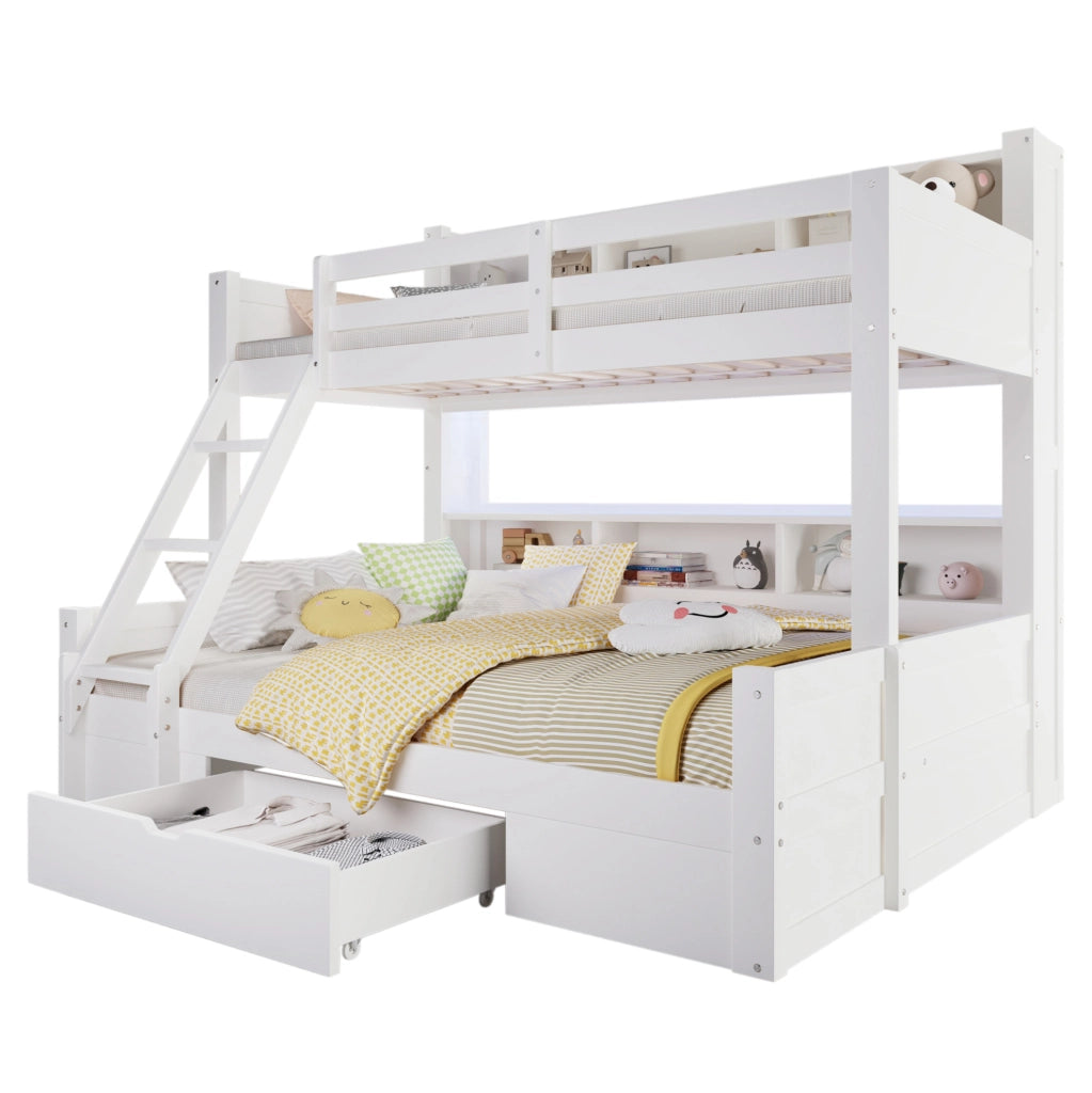 Letto a castello bambini 90x200 + 140x200 cm in pino bianco con LED