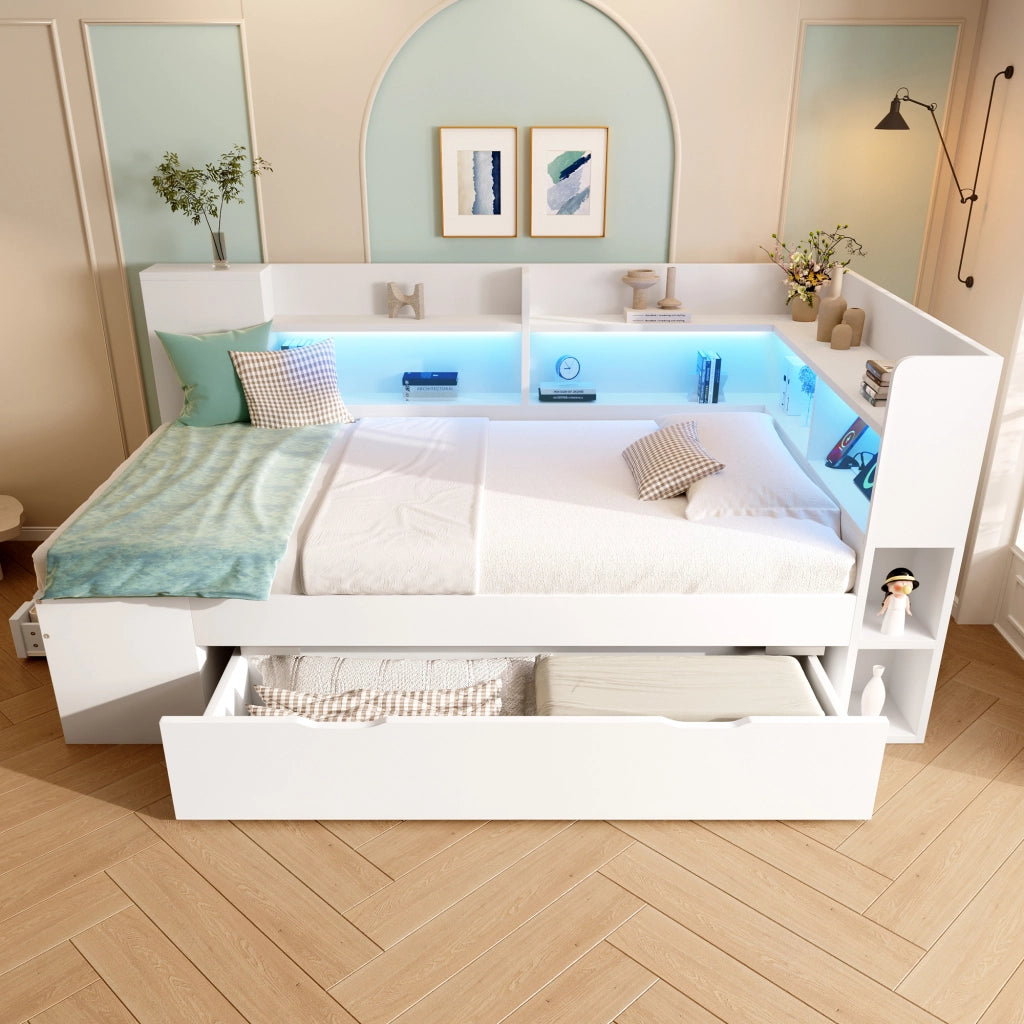 Letto con cassetti 90 × 200 cm con LED; USB e Tipo-C; mensole; rete a doghe e cassetto su ruote bianco
