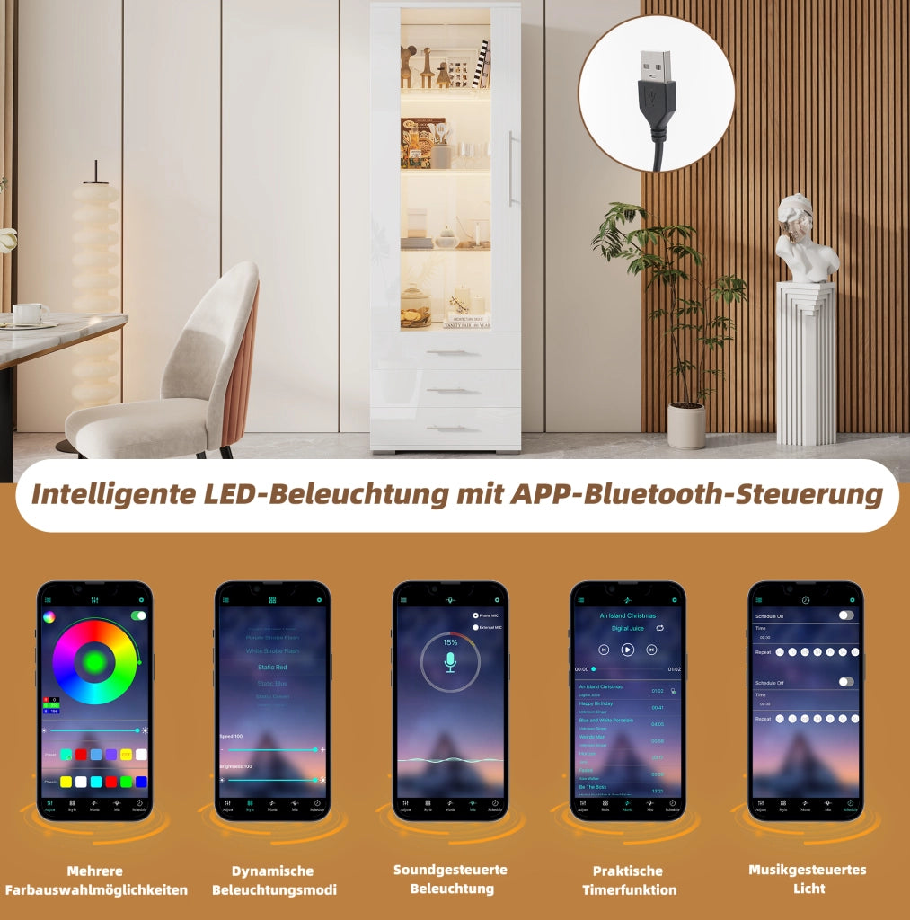 Vetrina bianca lucida con LED e 3 cassetti