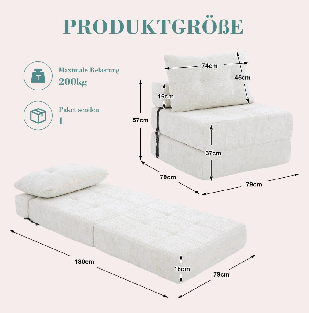 Divano letto pieghevole con cuscini; 79x180x18 cm; Chenille beige