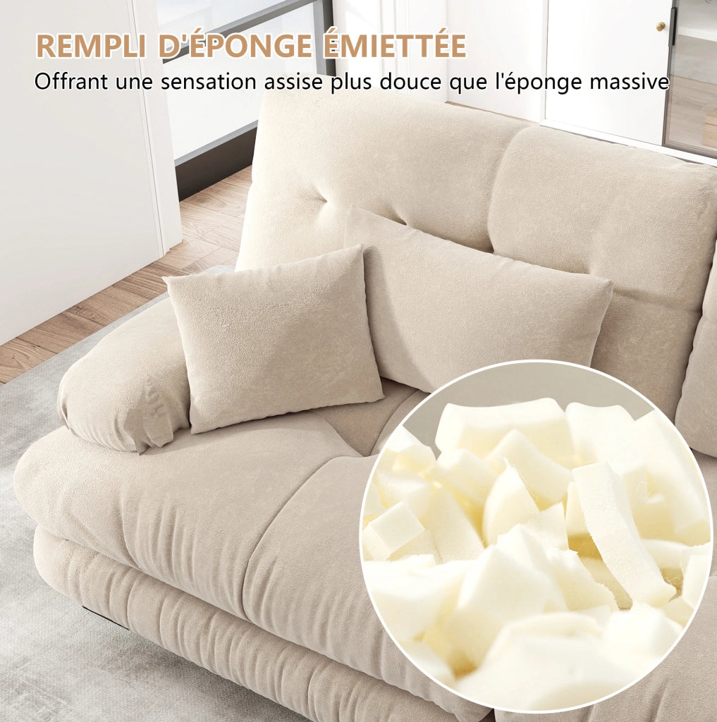 Divano angolare Cloud in chenille beige chiaro con struttura in legno massello e cuscini lombari e decorativi