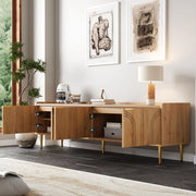 Mobile TV con ante scolpite 3D e passacavi; maniglie e piedi in metallo dorato; MDF naturale 170 × 35 × 47.5 cm