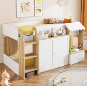 Letto a casetta 90x200 cm bianco e naturale in legno - con spazio contenitore