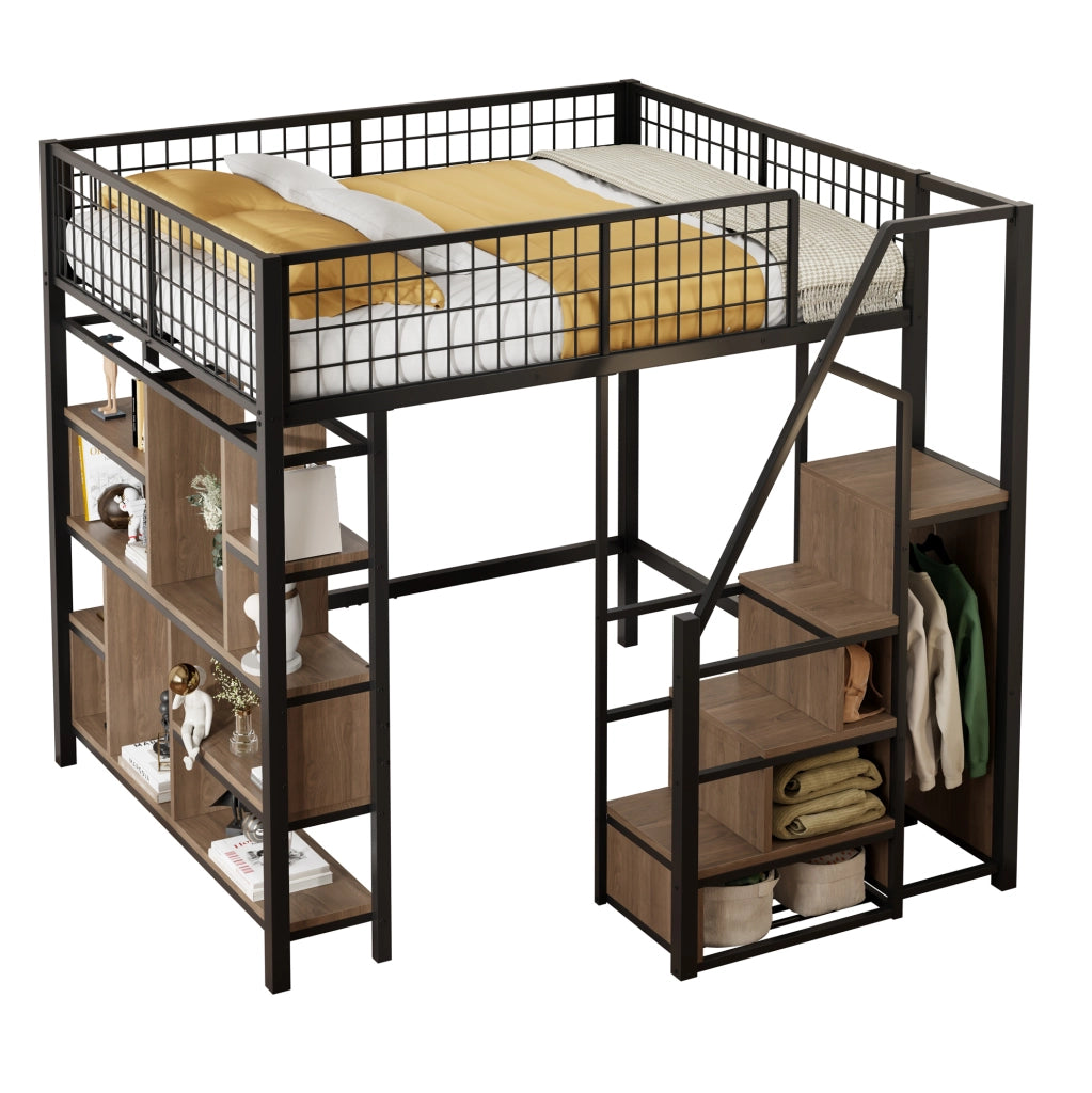 Letto a soppalco 140x200 cm con scala contenitore, in metallo, compensato e MDF nero