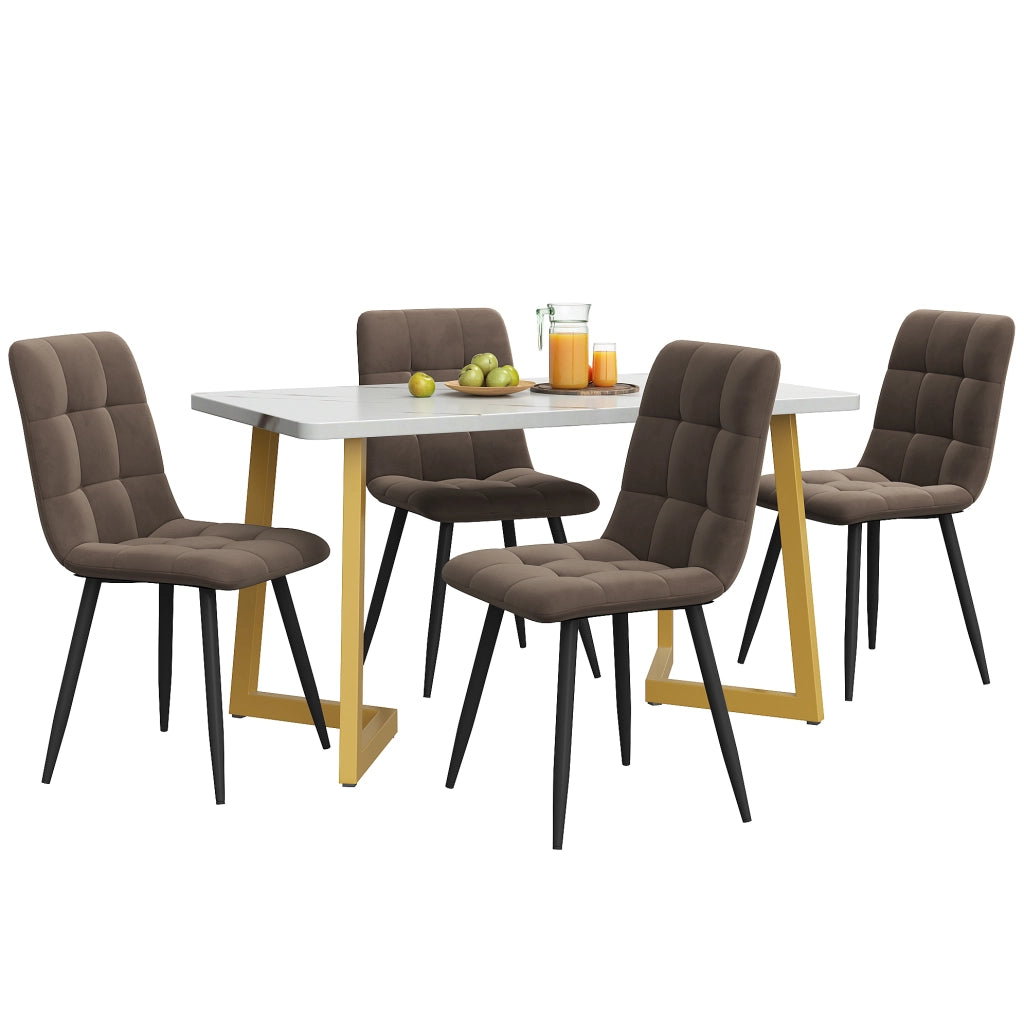 Set tavolo da pranzo rettangolare 117x68 cm con 4 sedie in velluto marrone