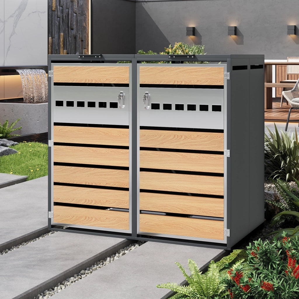 Box portabidoni a 2 scomparti con coperchi idraulici in acciaio zincato grigio effetto legno 132 × 80 × 118.5 cm