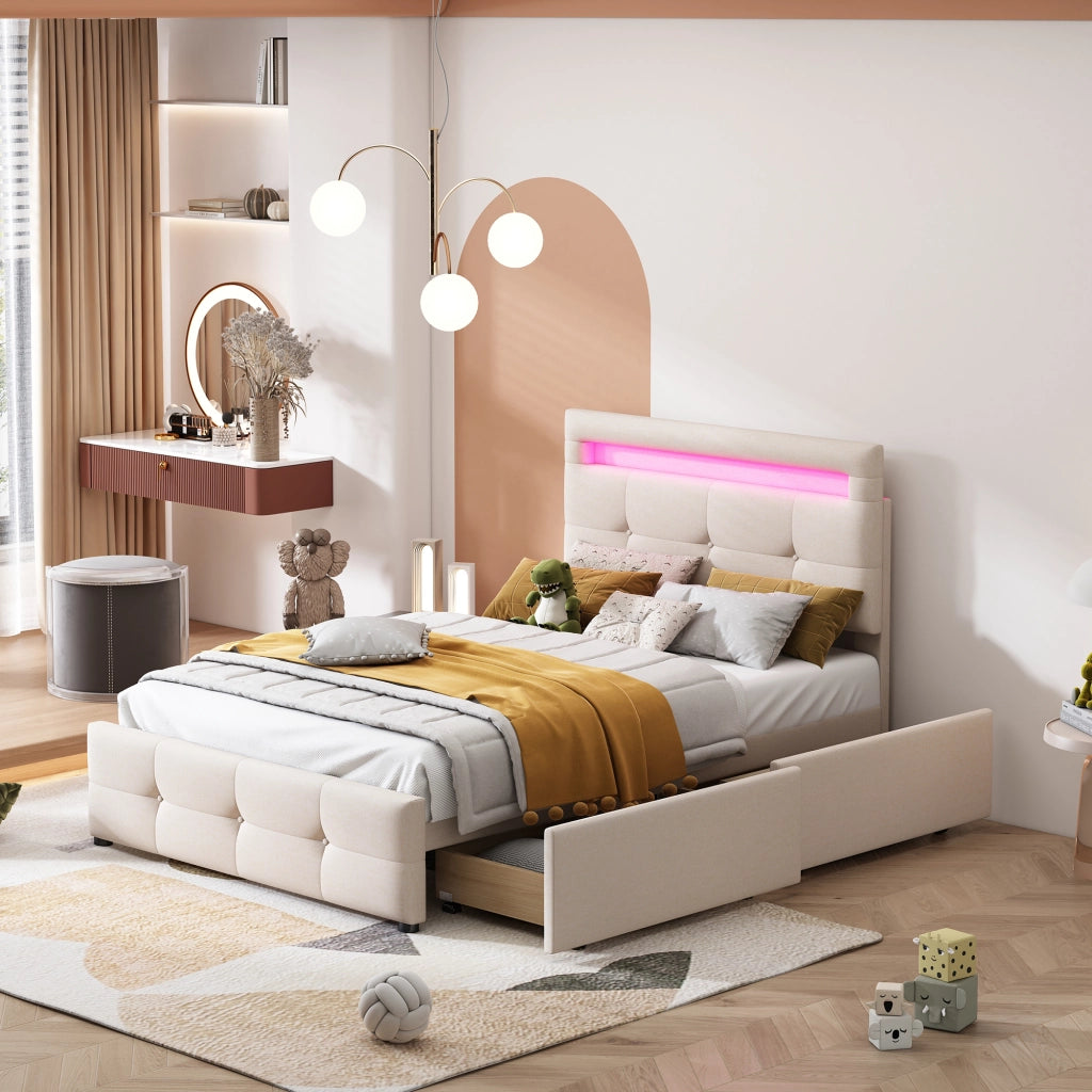 Letto Singolo 90x200 Imbottito Beige con Luci LED e 2 Cassetti Rivestimento in Lino