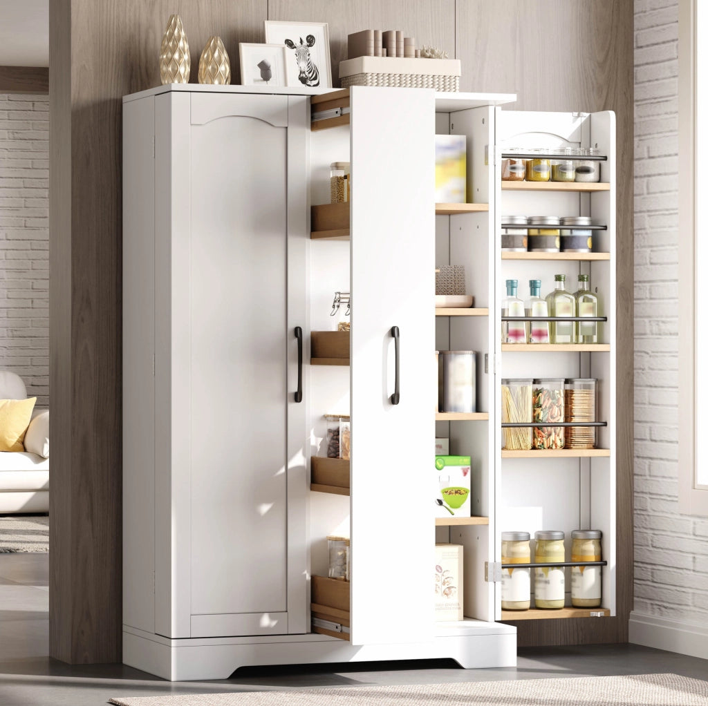 Credenza cucina con portaspezie; 2 ante; 4 ripiani; estraibile verticale; 120x78x35 cm; MDF; bianco