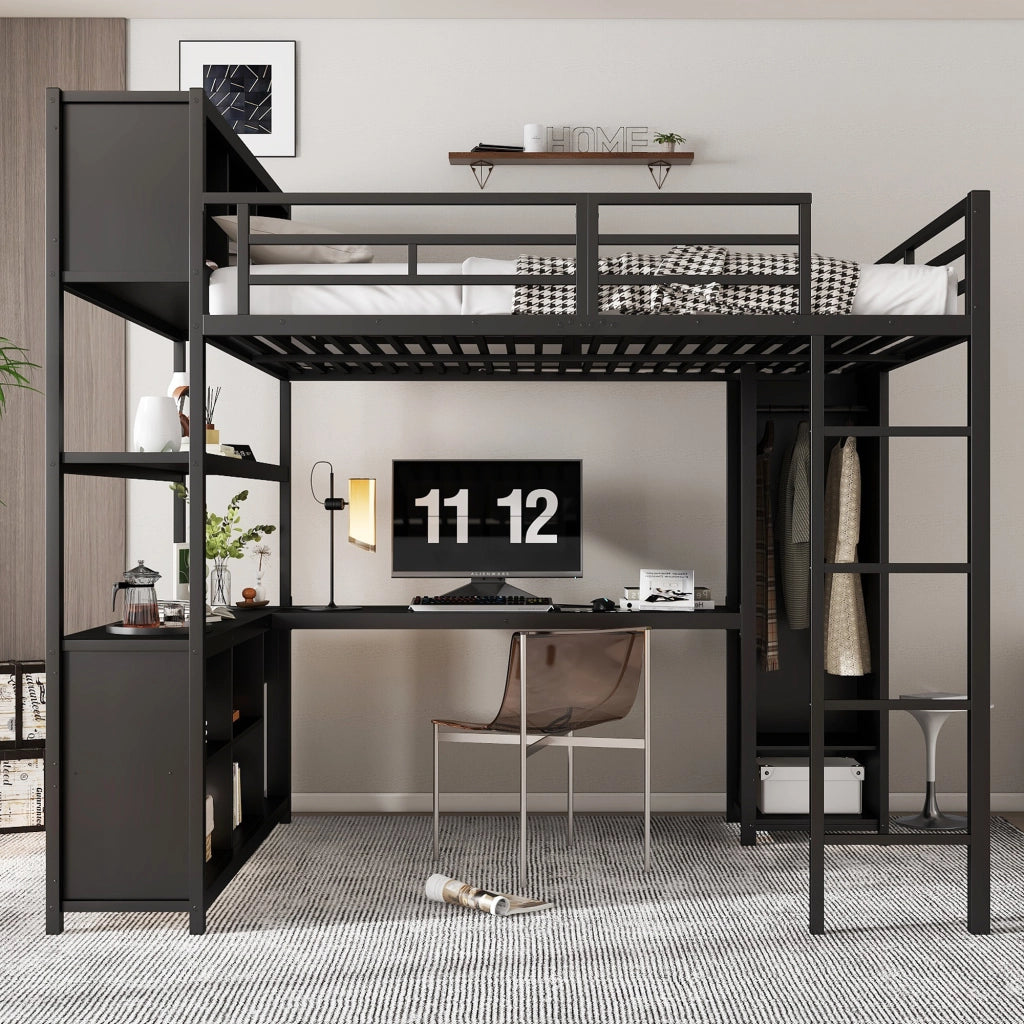 Letto a soppalco 140x200 cm nero in ferro e truciolare con scrivania; armadio e vani portaoggetti