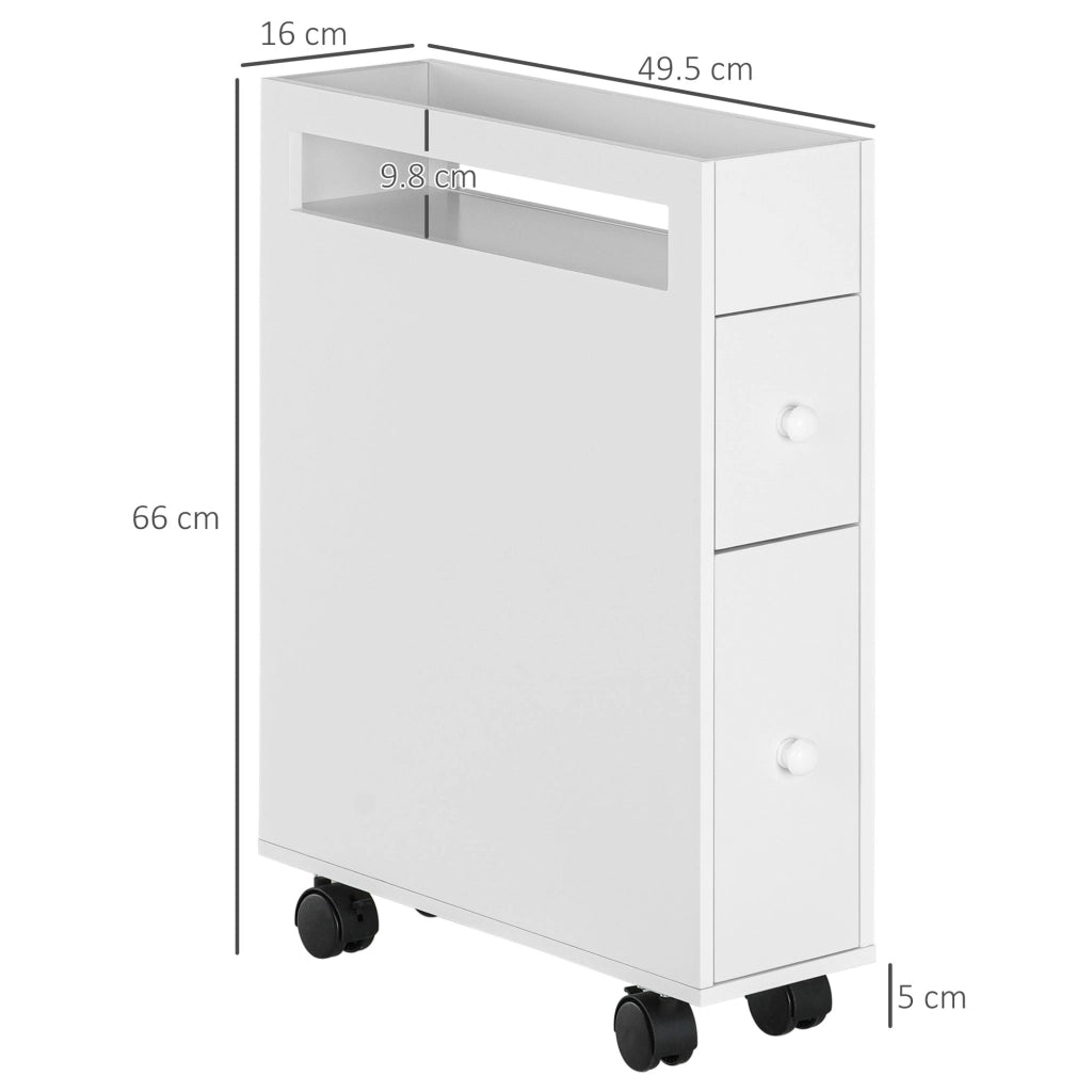Mobile basso da bagno compatto con ruote; 2 cassetti e vano aperto in MDF bianco 16 × 49.5 × 66 cm