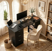 Scrivania per computer in MDF nera 120x49x72 cm con 3 ripiani e 3 cassetti, design modulare