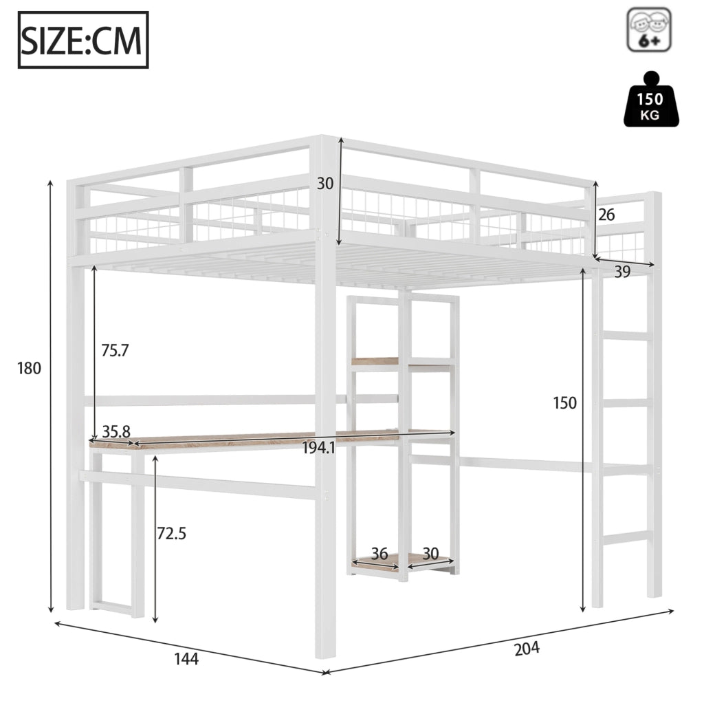 Letto a soppalco 140x200 cm con scrivania, ripiani e prese USB-C bianco