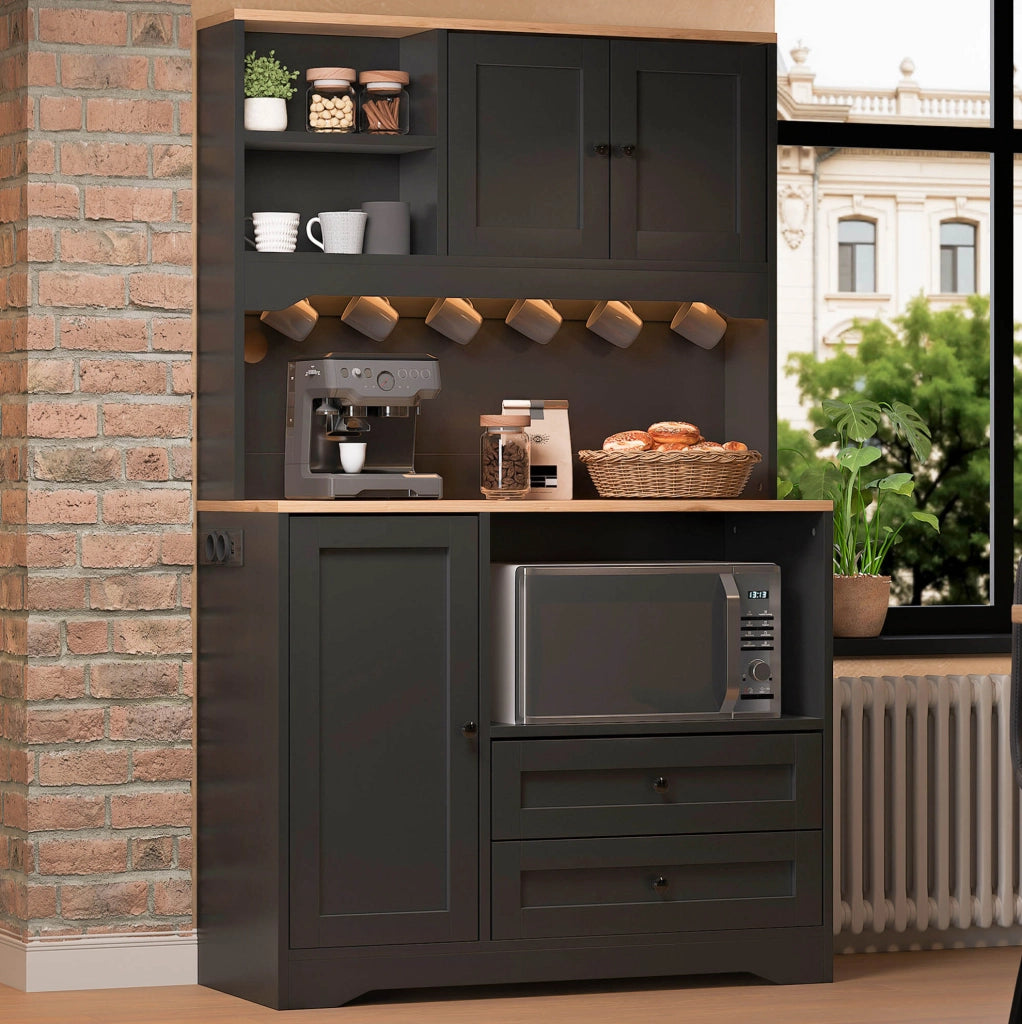 Mobile dispensa cucina 100x40x163 cm con vano microonde; LED e prese USB nero HOMVRA
