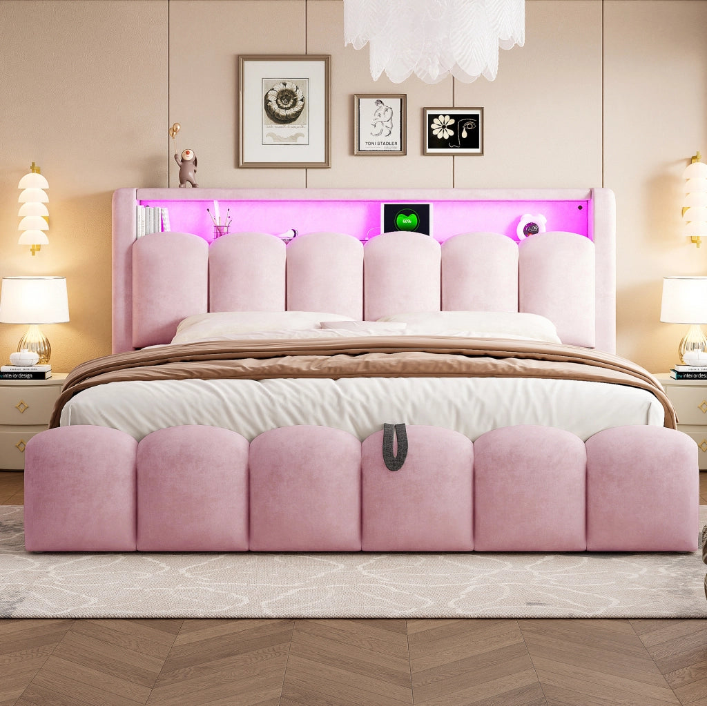 Letto matrimoniale imbottito 180x200 cm con contenitore, LED, USB e Type-C, rosa
