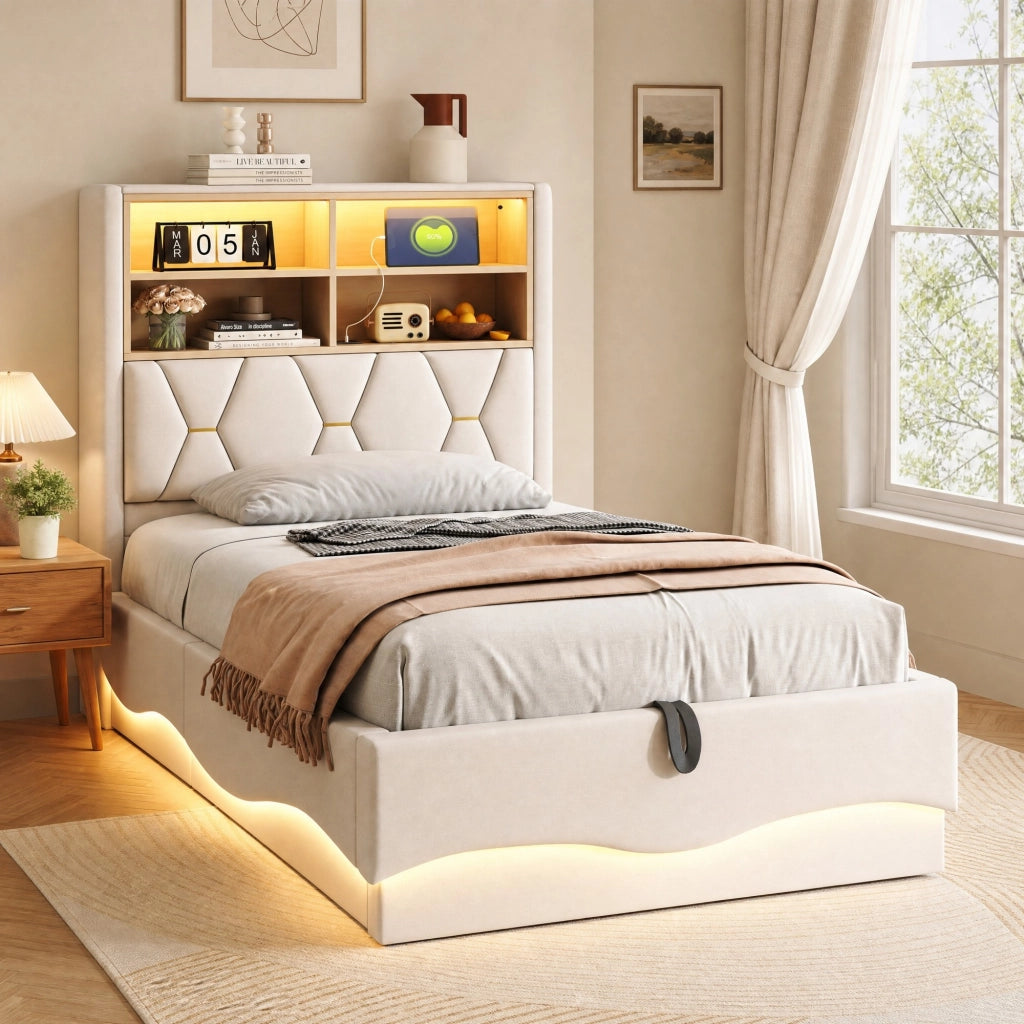 Letto contenitore 90 × 200 cm con LED controllabile tramite app USB struttura in metallo imbottita beige