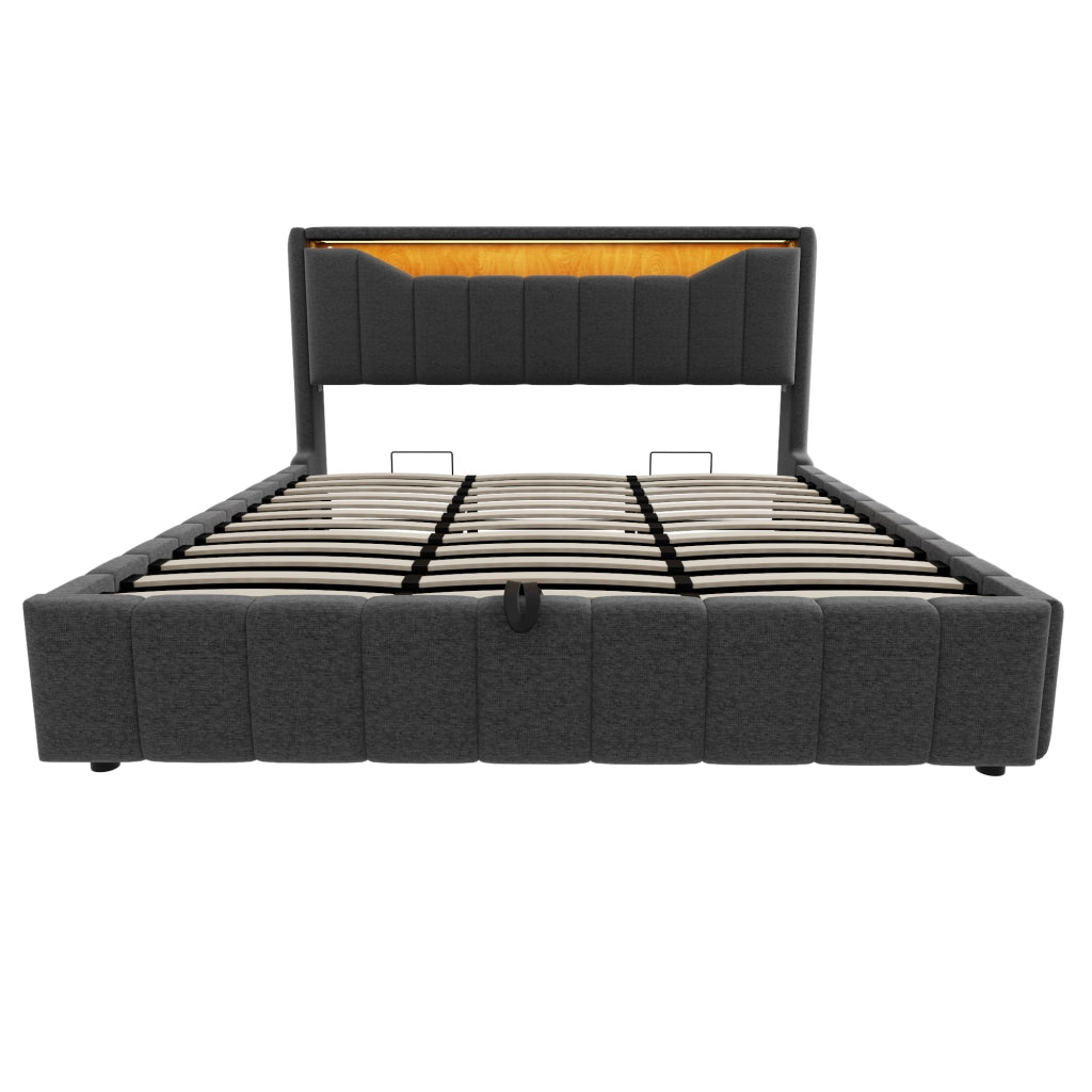 Letto contenitore matrimoniale 180 × 200 cm con LED, USB e USB-C, testiera con vano, senza materasso, tessuto grigio